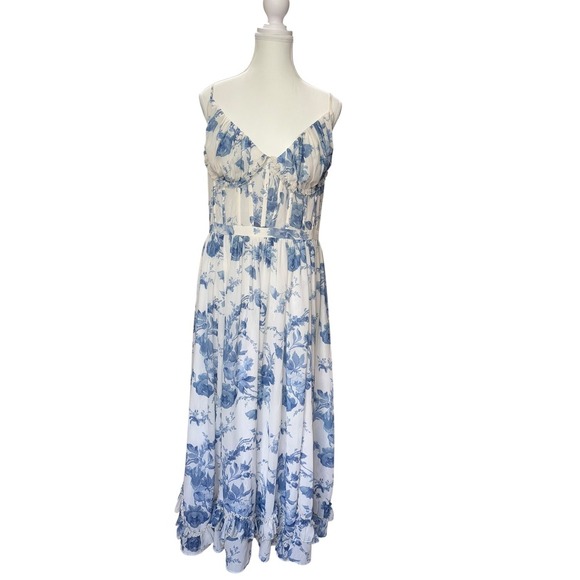 V. Chapman Corset Front-Slit Ruffled Gown – Provencal Blue Floral, Size 12 - Picture 6 of 11
